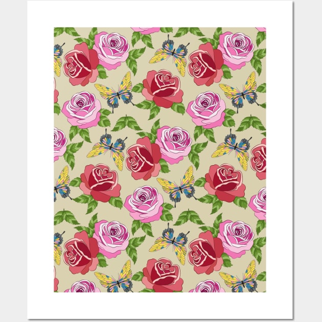 Roses And Butterflies Pattern Wall Art by Designoholic